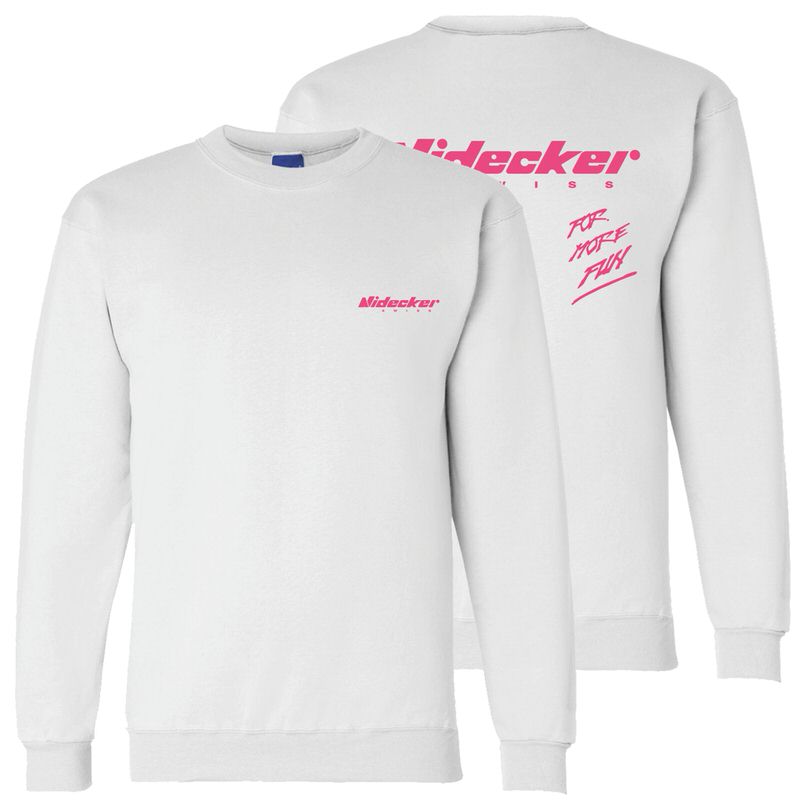 Nidecker Snowsurf Sweatshirt Weisses Nidecker Snowsurf Sweatshirt mit pinkfarbenem Logo vorne und Aufdruck hinten.