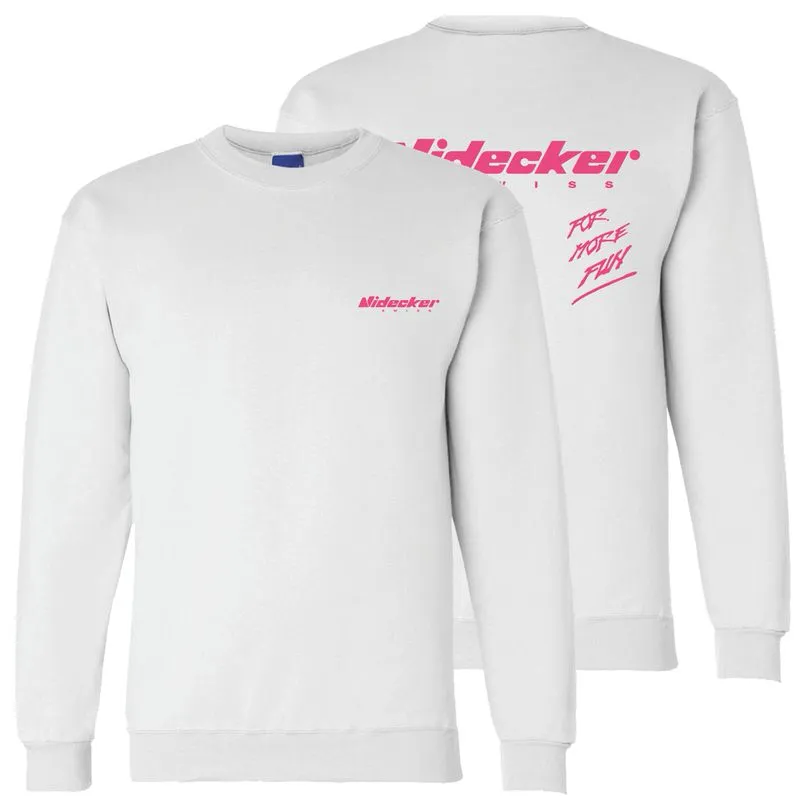 Weisses Nidecker Snowsurf Sweatshirt mit pinkfarbenem Logo vorne und Aufdruck hinten.