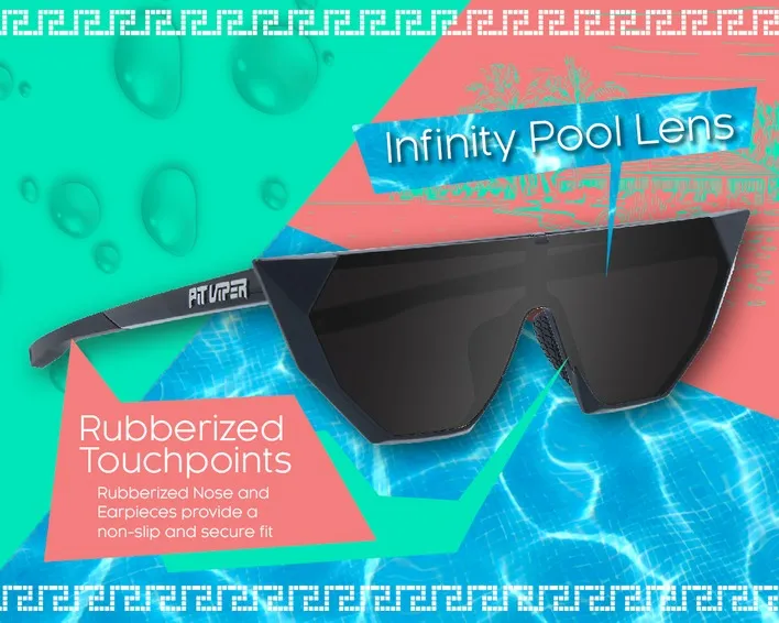 Schwarze Sonnenbrille The Onyx mit Markendetail und Infos zu Infinity Pool Lens, rutschfesten Nasenpads und Bügeln.