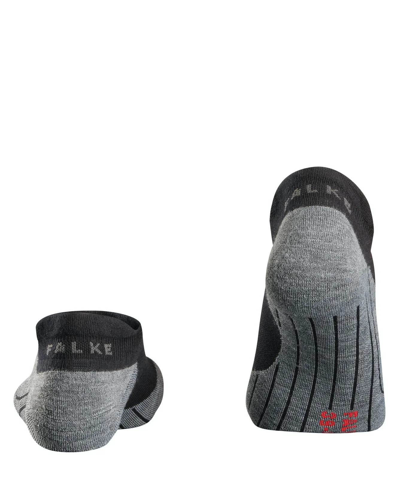 Zwei schwarze und graue RU4 Running Socken von FALKE, von hinten fotografiert.