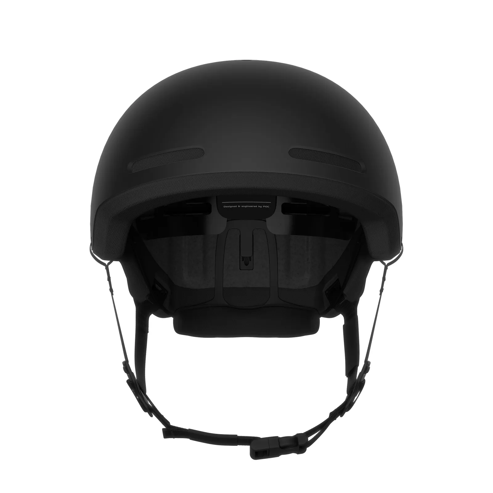 Vorderansicht: Schwarzer POC Calyx Helm mit Kinnriemen und Belüftungsöffnungen.