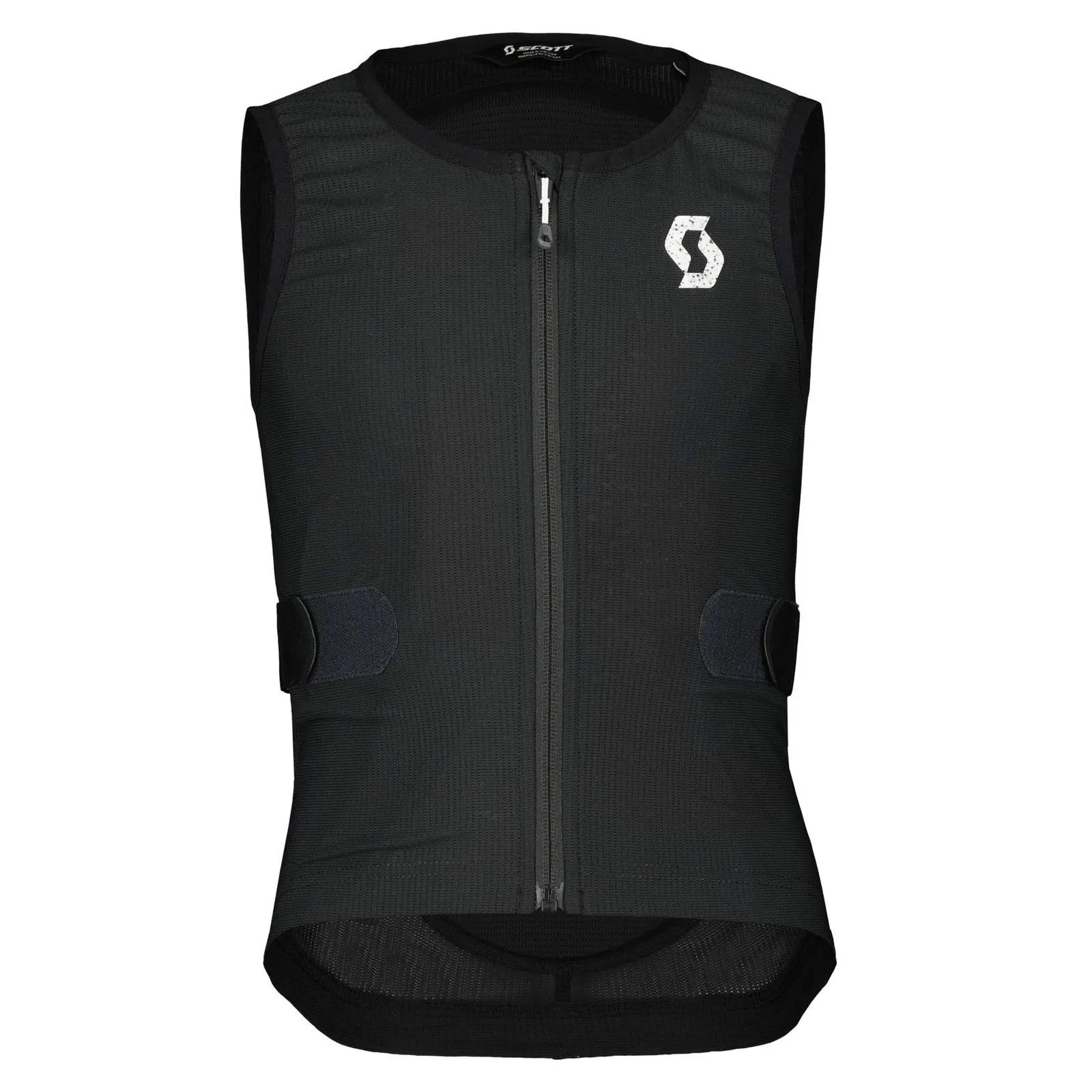 Schwarze SCOTT Airflow Junior-Weste mit Reißverschluss und Logo. Sichtbar sind seitliche Klettverschlüsse.