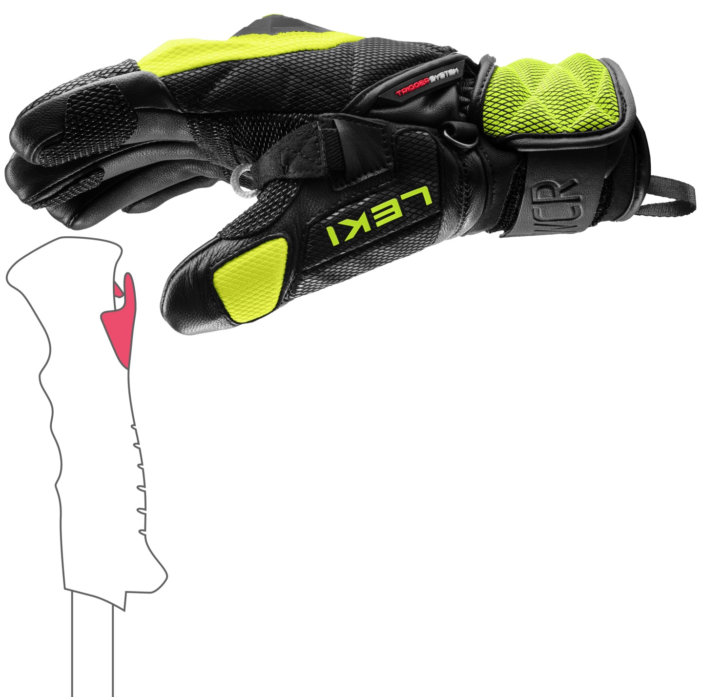 Leki WCR Venom SL 3D Schwarzer Leki WCR Venom SL 3D Mitt mit gelben Akzenten und abgebildeter Skistock-Kontur.