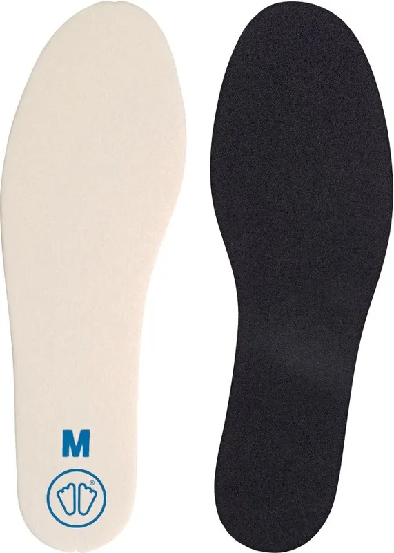 Paar Volume Reducer Einlegesohlen, eine beige mit "M" und Fußsymbol, eine schwarze.