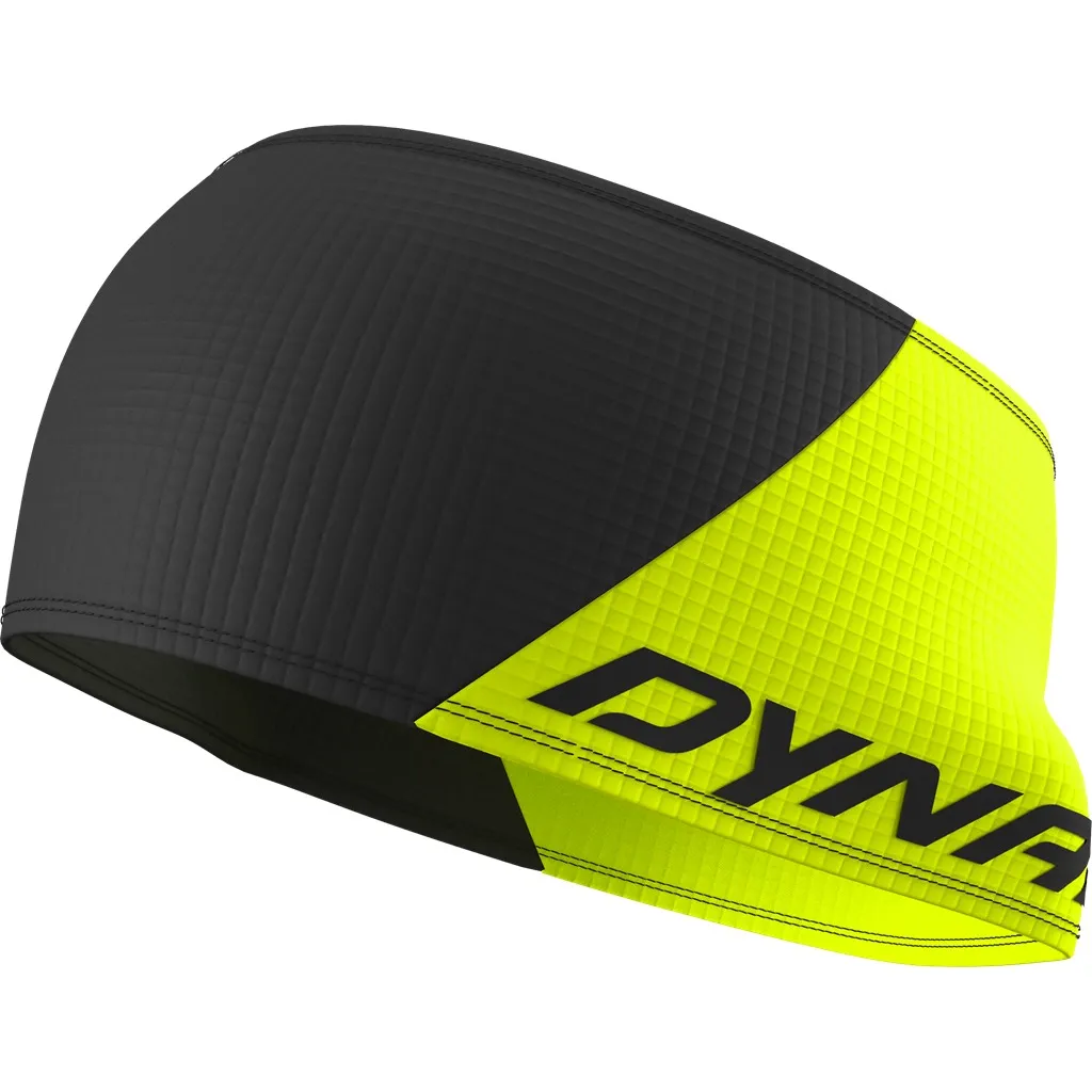 Stirnband in Schwarz und Neon-Gelb mit dem schwarzen Schriftzug "DYNAFIT" auf der Seite. Rautenmuster überzieht das gesamte Stirnband.
