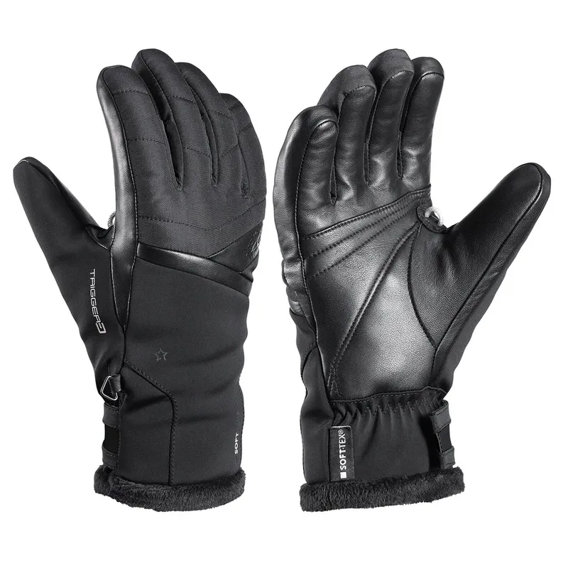 Zwei schwarze Leki Snowfox 3D Lady Handschuhe, einer mit Innenhand, einer mit Aussenhand.