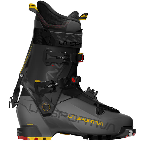 La Sportiva Vanguard Carbon/Yellow Skitourenschuh, seitliche Ansicht. Grau-Schwarz mit gelben Akzenten und La Sportiva Schriftzug.