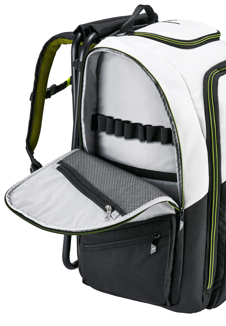 Offener Rebels Coaches Rucksack in Weiß, Schwarz und Grün, Innentaschen sichtbar.