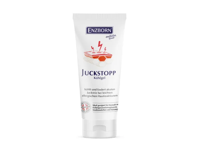 Weiße Tube ENZBORN Juckstopp Kühlgel mit rotem Stichsymbol und Produktinformationen.
