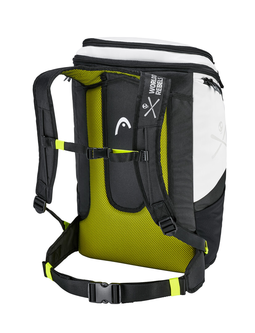 Weiß-schwarzer Head Rebels Backpack, Detailansicht von hinten mit gelbem Netzrücken und gelben Akzenten an Gurten.