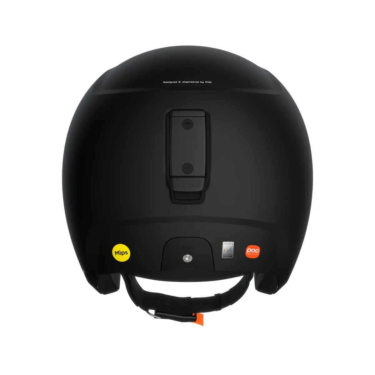Schwarzer Skull Dura X Spin Skihelm von hinten, mit Mips Aufkleber, Race Lock System und verstellbarem Kinnriemen.