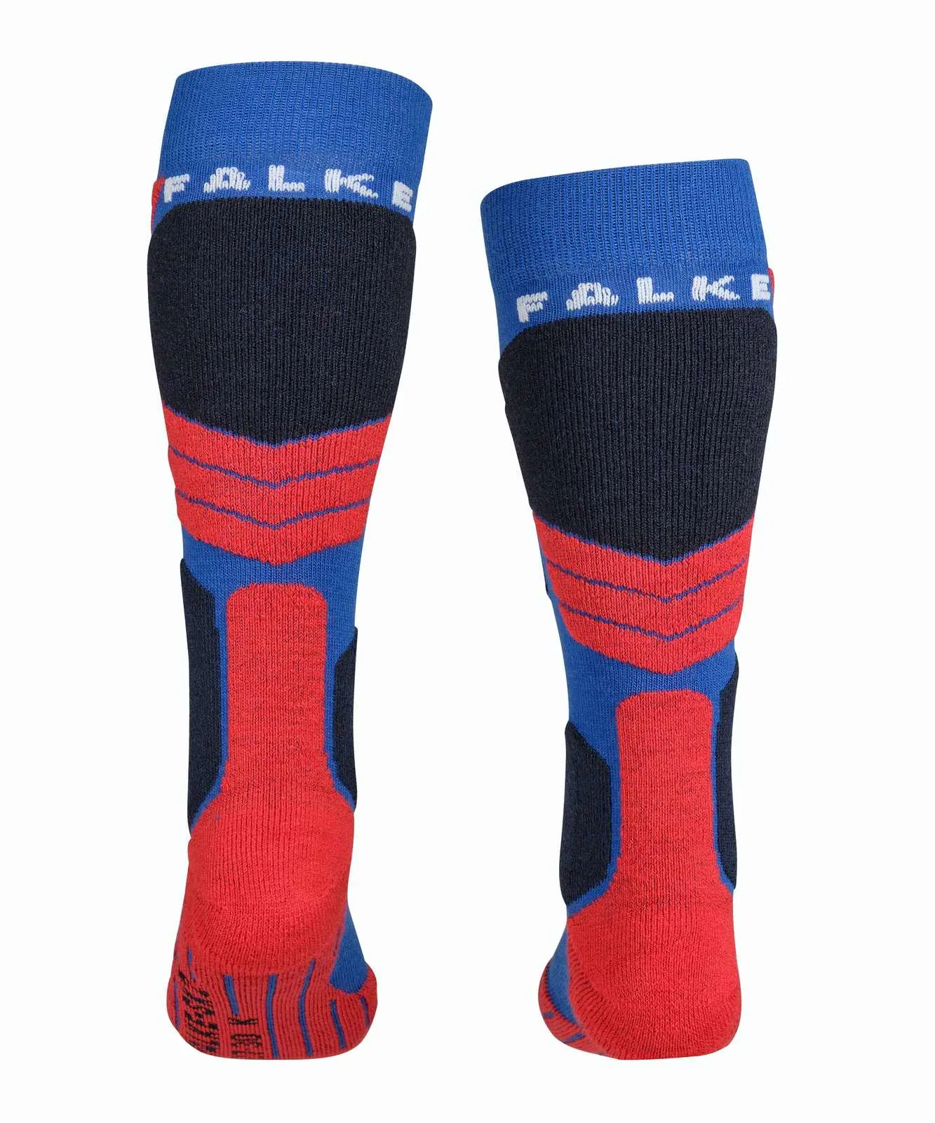 Zwei blaue Kinder Skistrümpfe von Falke, Rückansicht. Rot akzentuierte Ferse und Schienbeinpolsterung, dunkelblaues Mittelfußteil, blaues Bündchen mit Falke Logo.