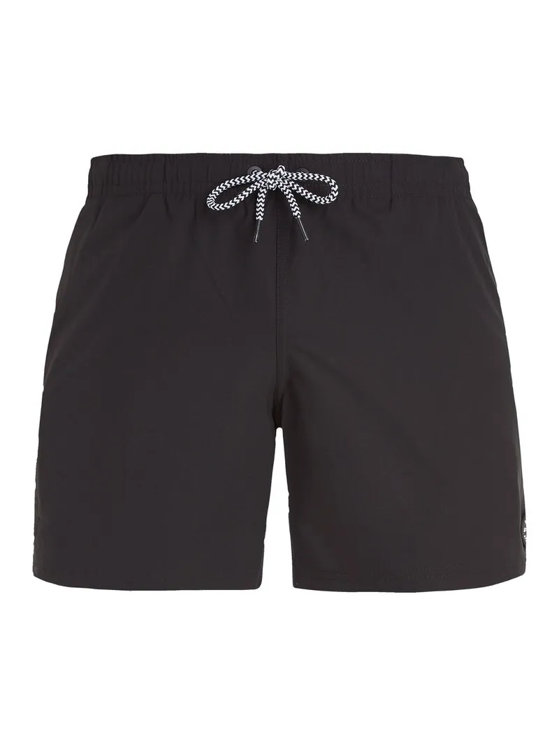 Schwarze PRTYESSINE Badeshorts mit elastischem Bund und Kordelzug. Kurze Länge, Taschen an den Seiten.