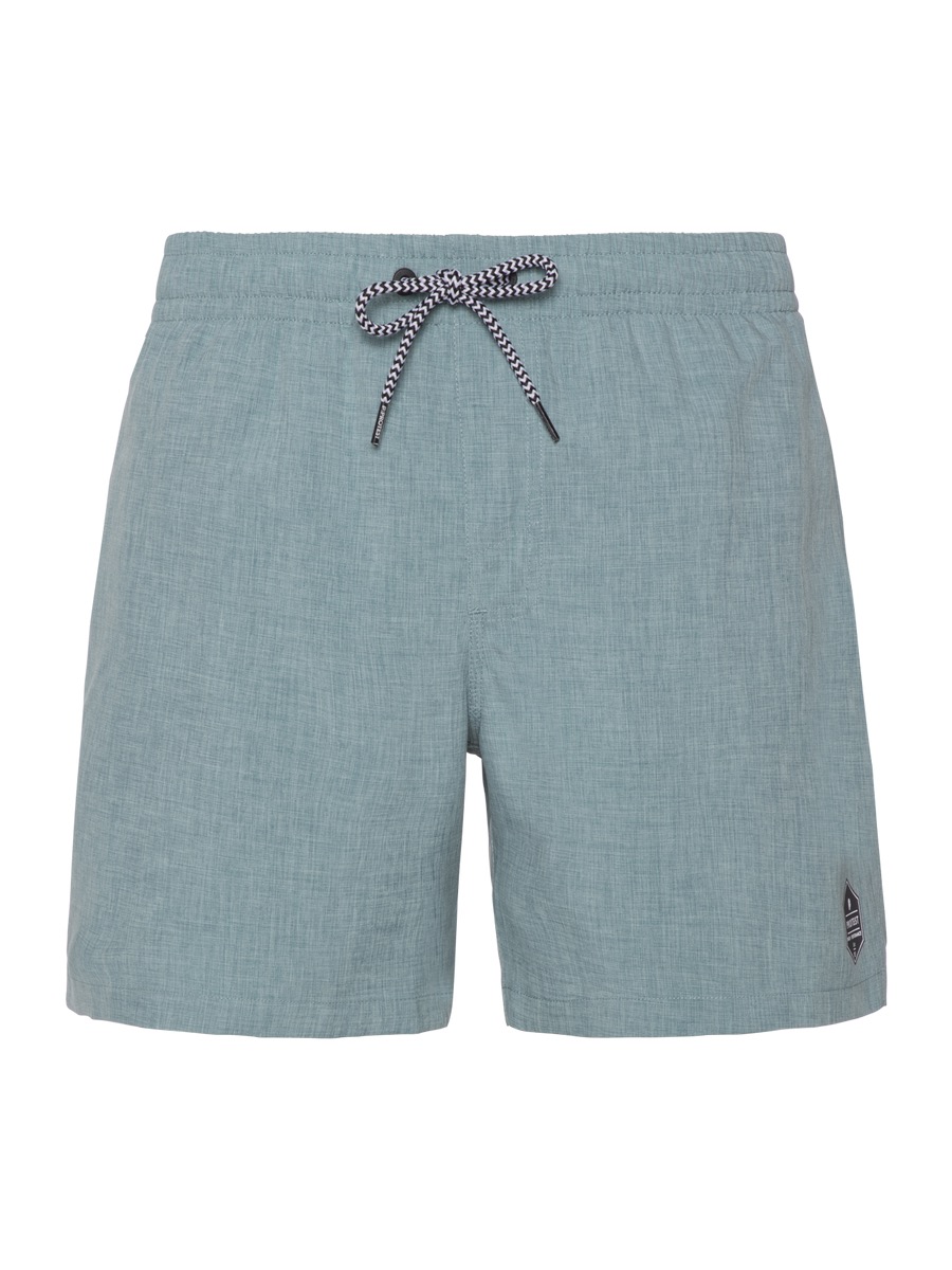 Helle, türkis-blaue kurze Hose mit dunkler Kordel und kleinem, dunklem Logo-Aufnäher auf dem rechten Bein.