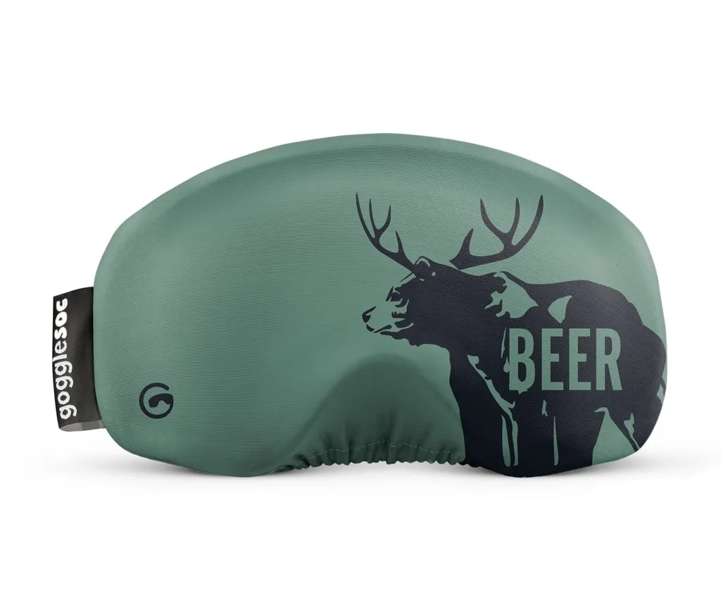 Grüne Beer Soc Schutzhülle für Skibrille mit Bären- und Hirschgeweih-Motiv, Schriftzug "BEER".
