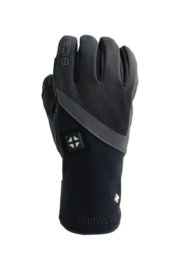 Schwarzer Snowlife BIOS Heat DT Handschuh, frontal, mit Bedienknopf und Markenlogo.