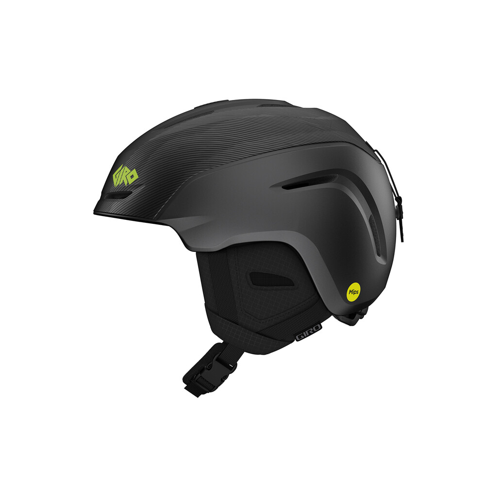 Mattschwarzer Giro Neo MIPS Skihelm von der Seite, mit MIPS-Logo und Ohrpolstern.