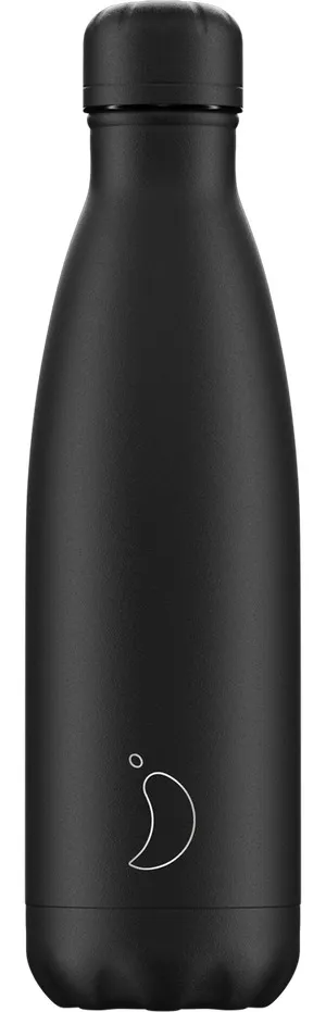 Schwarze, matte Chillys Trinkflasche 500ml mit silbernem Logo.
