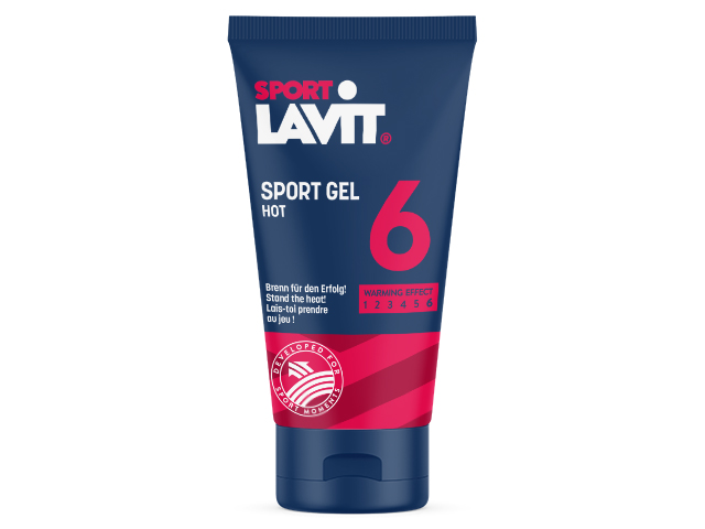 Dunkelblaue Tube Sport-Lavit Hot Gel mit rotem Detail, mit dem Hinweis auf einen starken Wärmeeffekt.