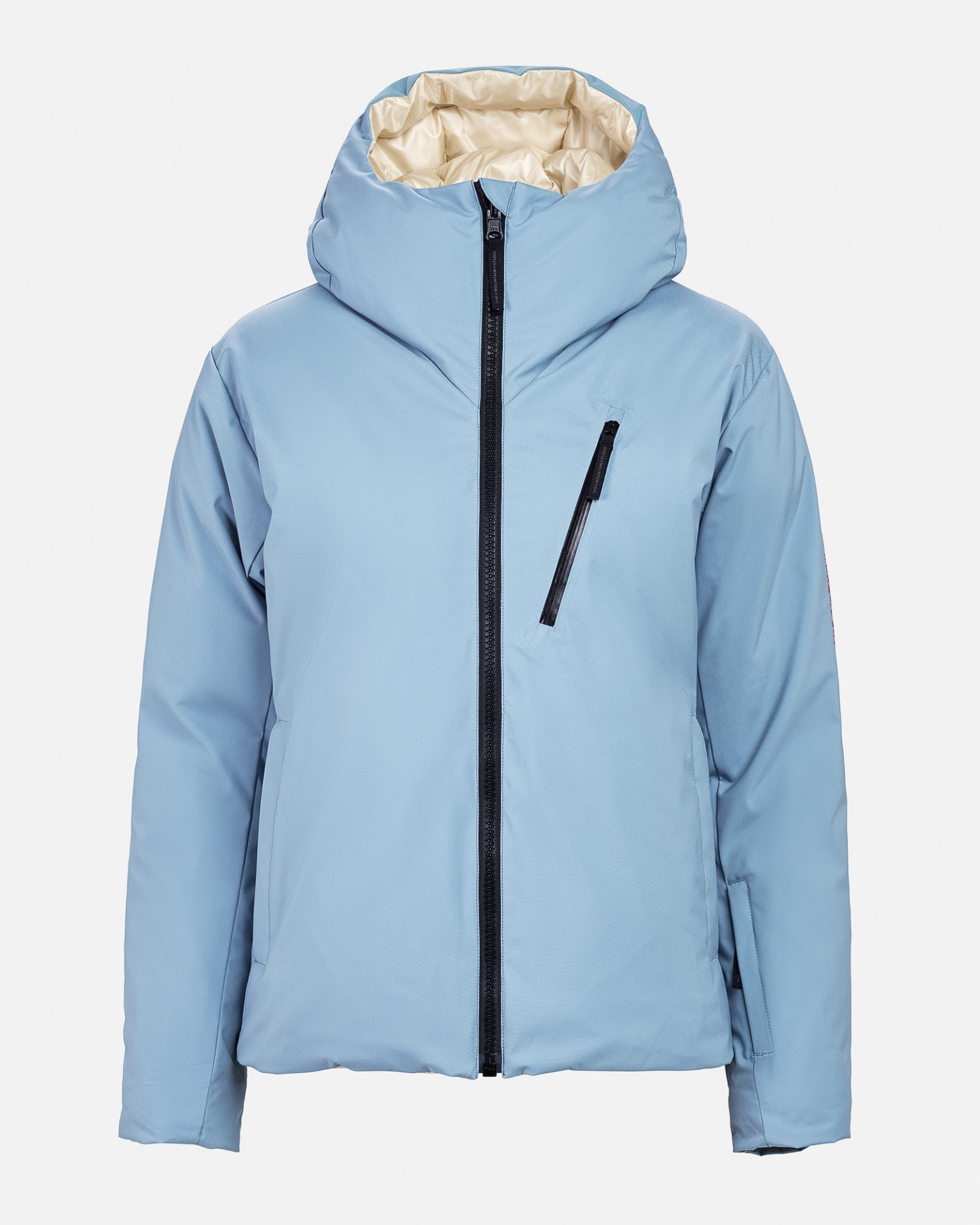 Hellblaue Daunenjacke mit Kapuze und schwarzem Reißverschluss, Frontansicht.