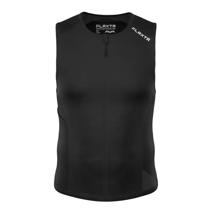 Schwarze, ärmellose Sportweste mit Reißverschluss und weißen Logos.