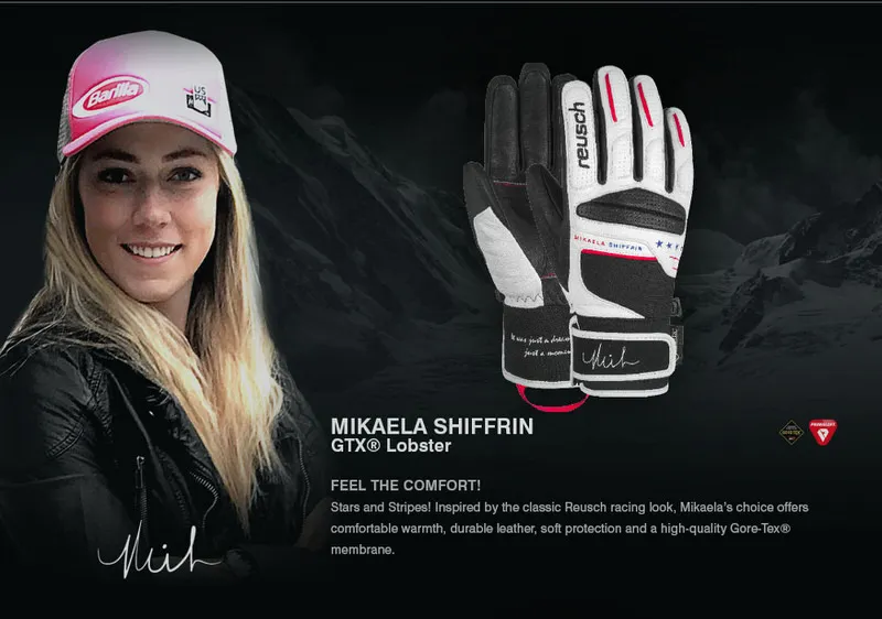 Reusch Mikaela Shiffrin GTX Handschuh neben Mikaela Shiffrin mit Mütze. Gore-Tex Lederhandschuh in weiss, schwarz, rot.