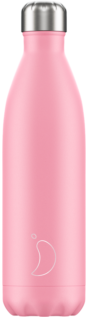 Pastellrosa Edelstahlflasche Pastellrosa Chillys Trinkflasche (500ml) aus Edelstahl mit silberfarbenem Deckel und Logo.
