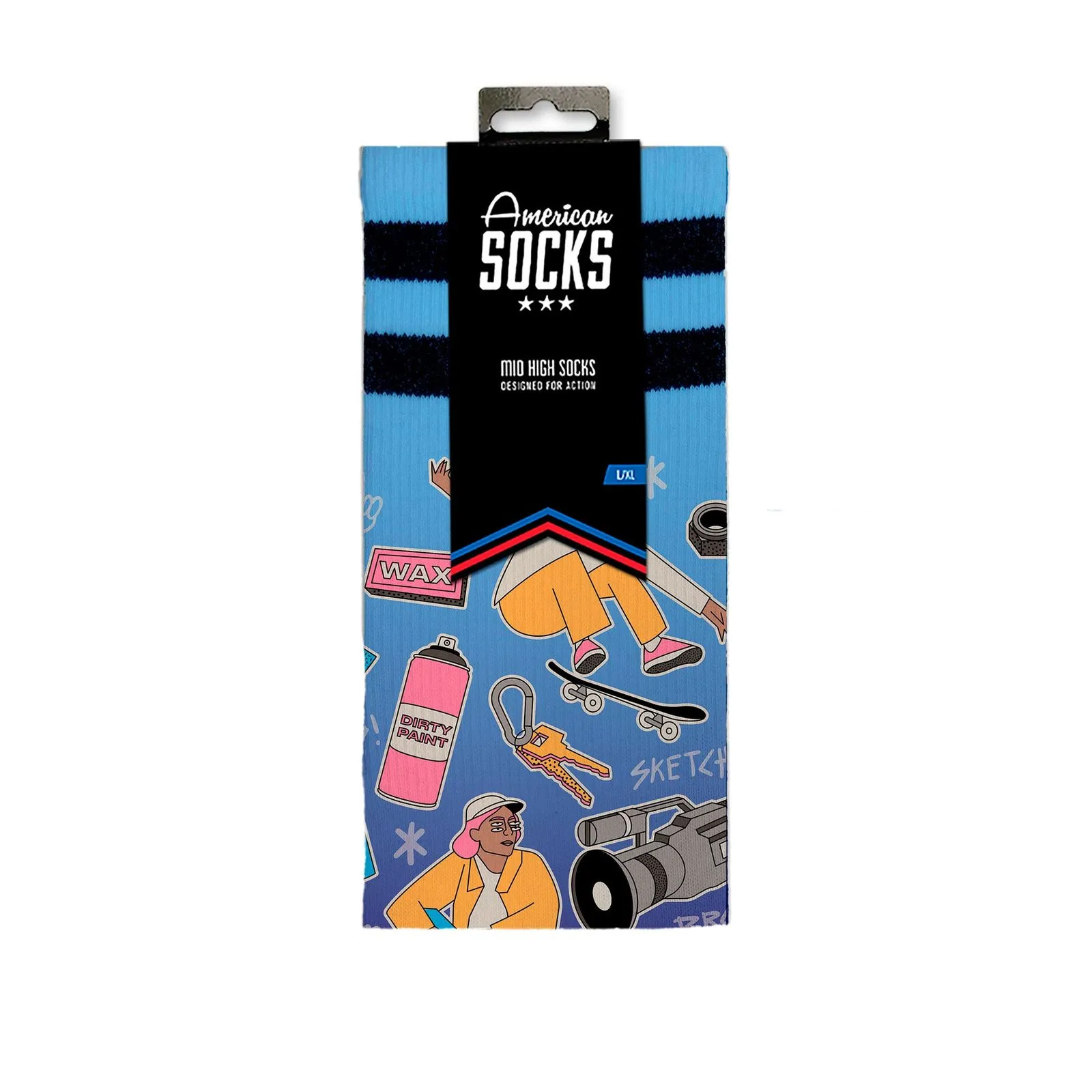 Verpackung der Skater Socks Giftbox mit Skateboard, Spraydose, Kamera und Person im Comic-Stil auf blauem Grund.
