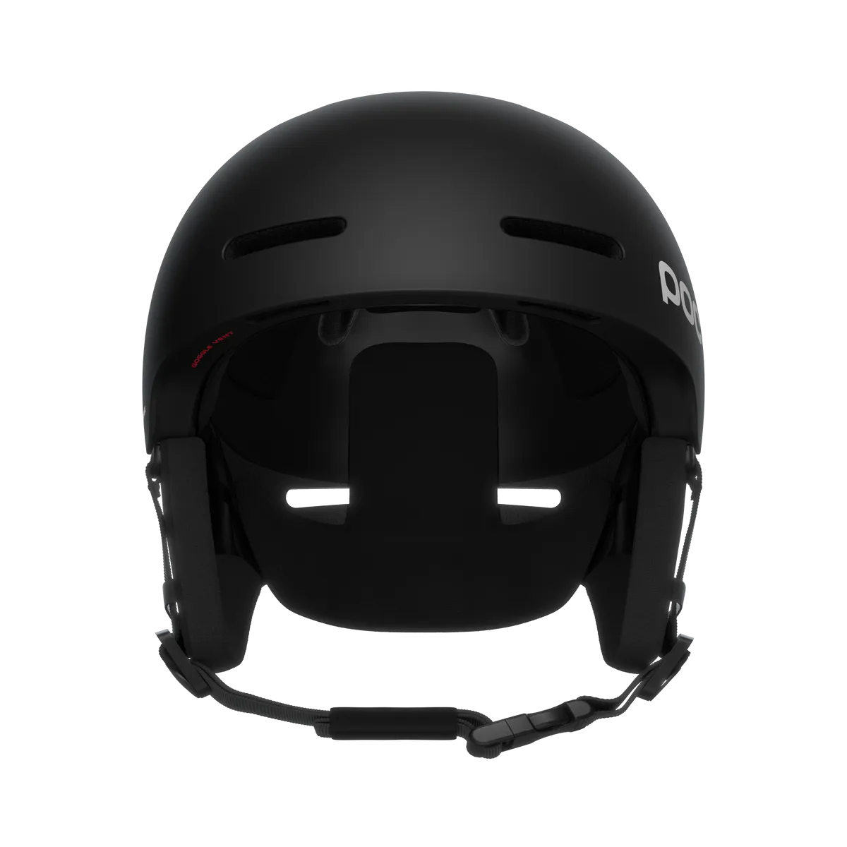 Schwarzer Poc Fornix Mips Skihelm, Frontansicht, mit Ohrenschützern und Belüftungsöffnungen.