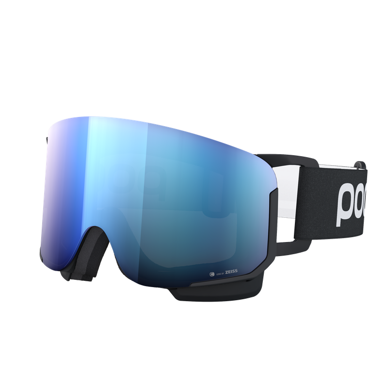 Schwarze Skibrille mit blauer, verspiegelter Scheibe und weißem Logo auf dem schwarzen Kopfband.