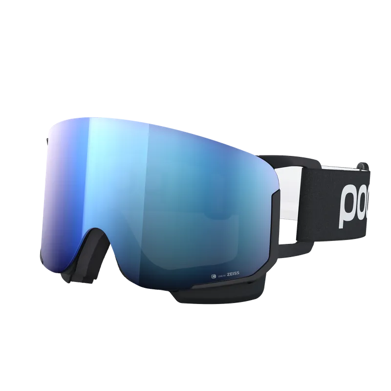 Schwarze Skibrille mit blauer, verspiegelter Scheibe und weißem Logo auf dem schwarzen Kopfband.