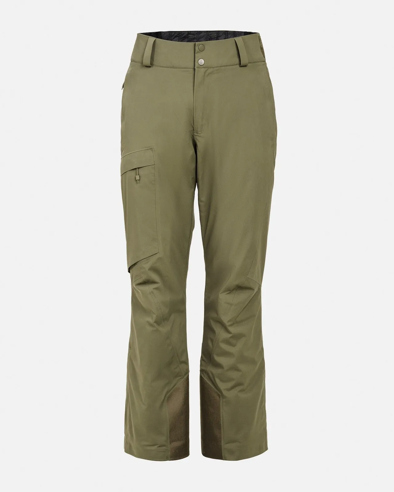 Wintermoosfarbene P-1 GORE-TEX 2L Stretch Insulated Hose, frontal auf weißem Hintergrund, mit Cargotasche und verstärkten Beinenden.