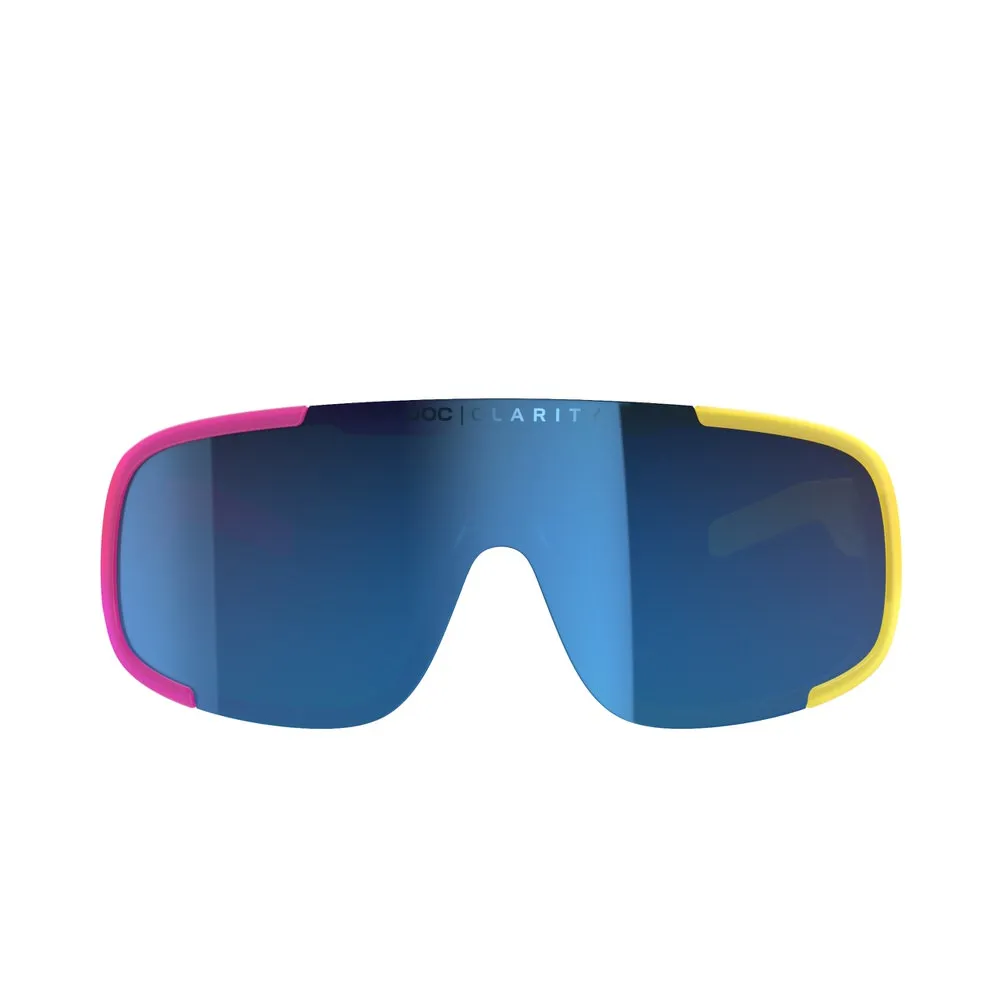 POC Aspire Mid Brille mit blauen Gläsern und pink-gelbem Rahmen frontal.