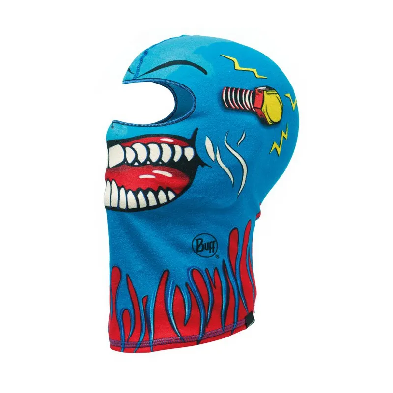 Blaue Kinder-Sturmmaske mit großem, grinsendem Monstergesicht und roten Flammen am unteren Rand.