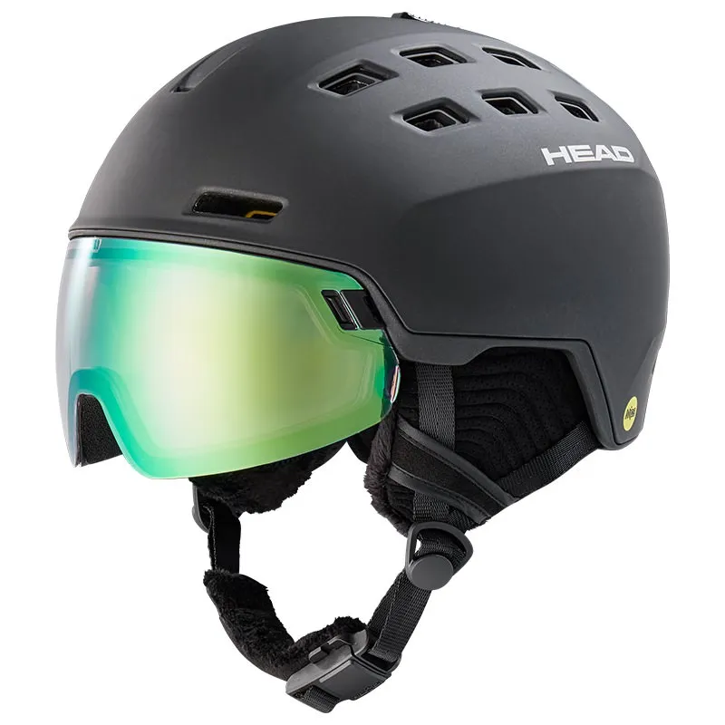 Schwarzer Skihelm "Head Radar 5K Photo Mips" mit grün schimmerndem Visier und Belüftungsöffnungen.
