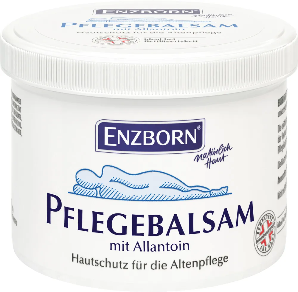 Weißer Tiegel Pflege-Balsam 500ml von ENZBORN mit blauem Schriftzug und liegender Person.