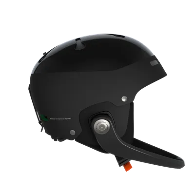 Schwarzer Skihelm mit Belüftungsöffnungen und Kinnschutz, Seitenansicht.
