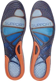 Zwei blaue Sidas Sohle Cushioning Gel Support Einlagen mit orangenem Fersenrahmen von unten.