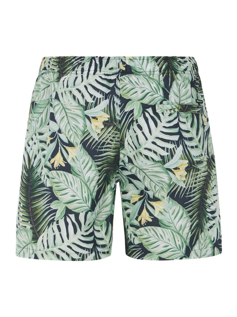 Artichoke Green Badeshorts mit tropischem Blätter- und Blütenmuster, Rückansicht.