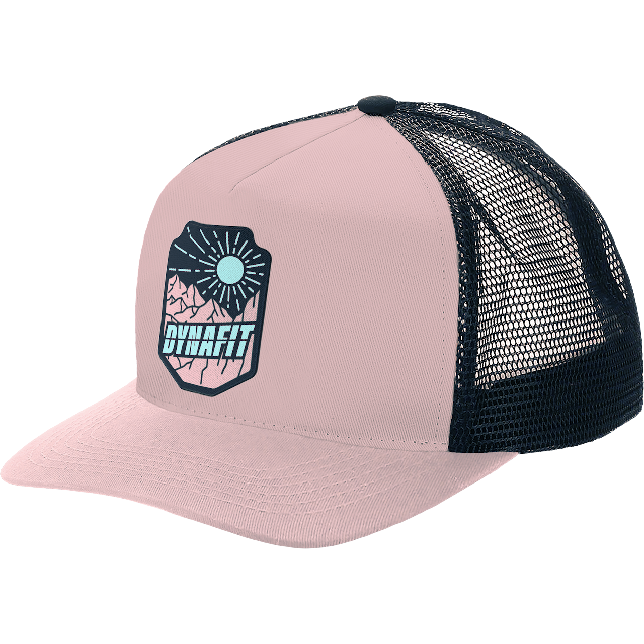 Hellrosa Dynafit Trucker Cap mit Logo-Patch und schwarzem Mesh-Einsatz am Hinterkopf.