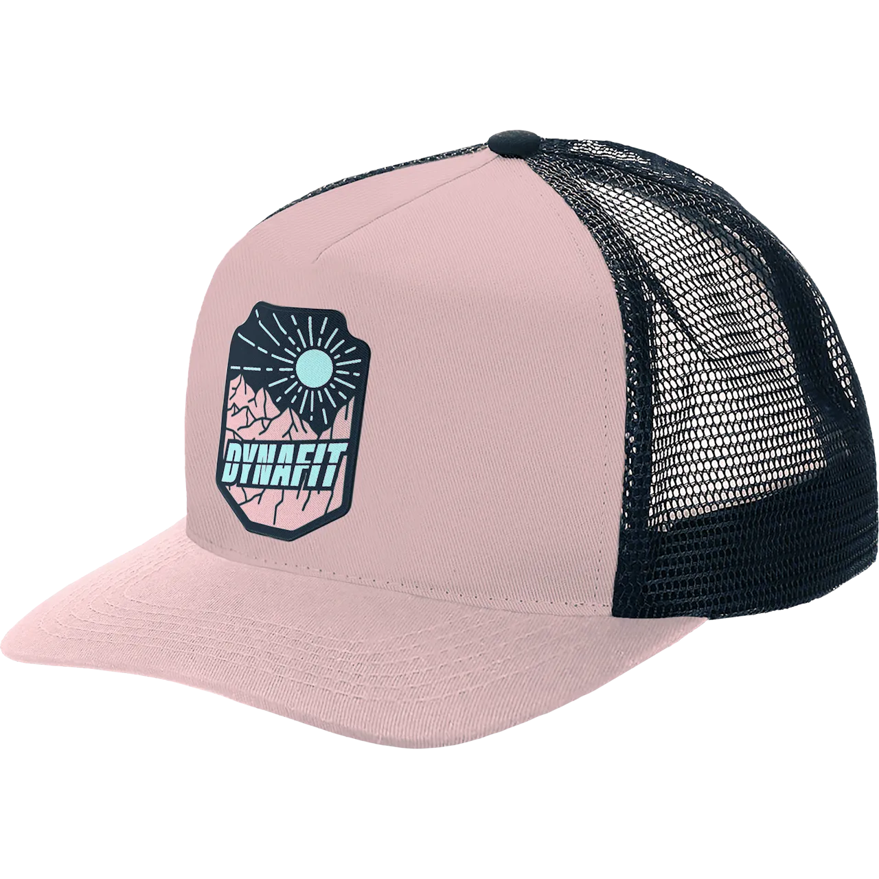 Hellrosa Dynafit Trucker Cap mit Logo-Patch und schwarzem Mesh-Einsatz am Hinterkopf.