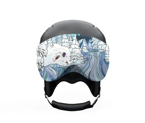 Schwarzer Skihelm Winterdesign Schwarzer Skihelm mit bedrucktem Visorsoc. Das Design zeigt eine Winterlandschaft in Weiß und Blautönen.