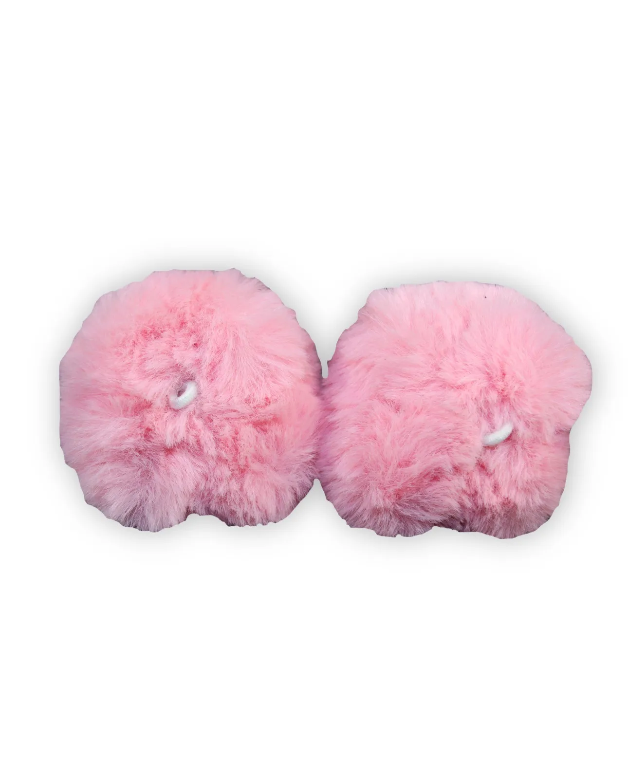 Zwei weiche, flauschige, pinkfarbene Pompons liegen nebeneinander auf weißem Hintergrund. Jedes hat eine plüschige Oberfläche mit feinen Härchen und eine kleine, weiße, elastische Schlaufe zur Befestigung. Sie wirken leicht.