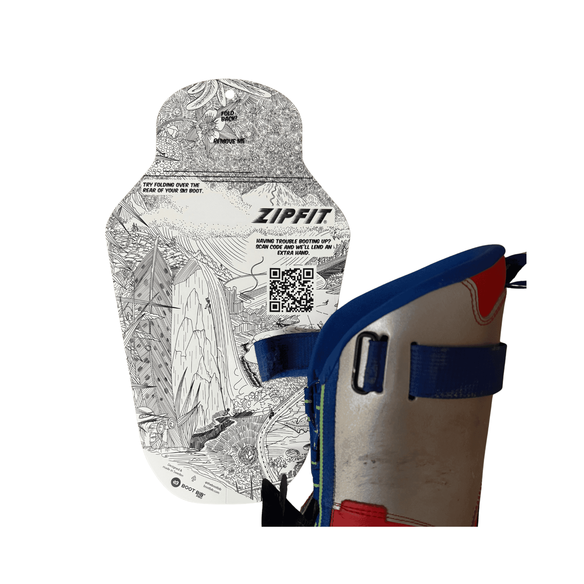 Ein Ski-Schuh mit blauem Gurt und rotem Akzent neben einer illustrierten Karte mit Bergen, Kletterern und einem QR-Code.