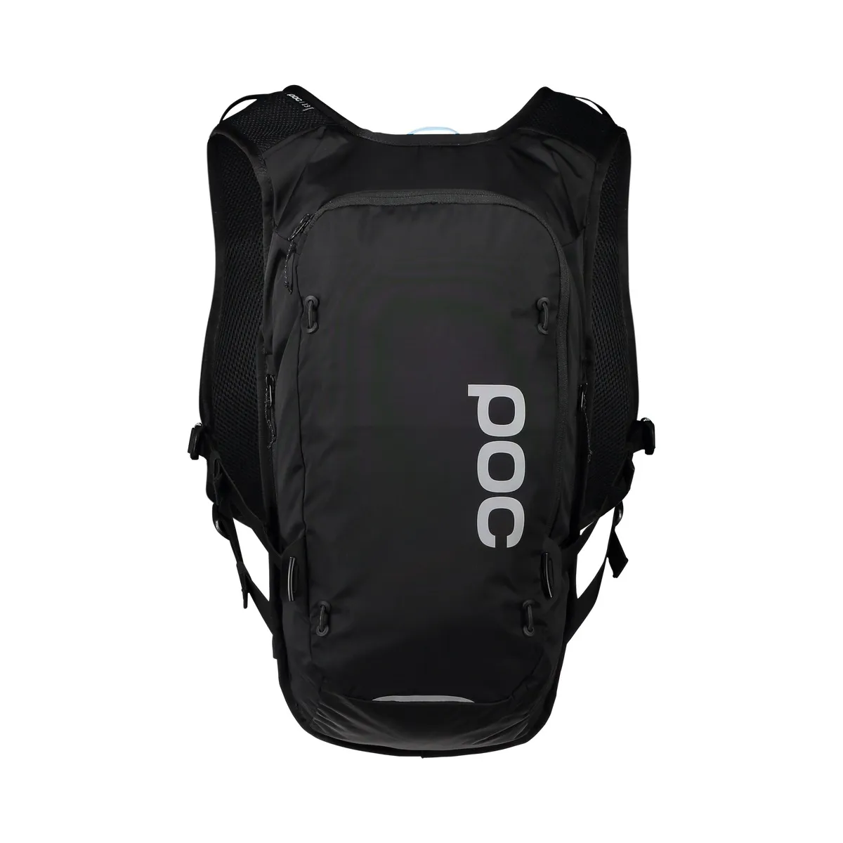 Schwarzer Column VPD Backpack 13L mit Schultergurten und Reflektorstreifen, seitlich bedruckt mit dem POC-Logo.