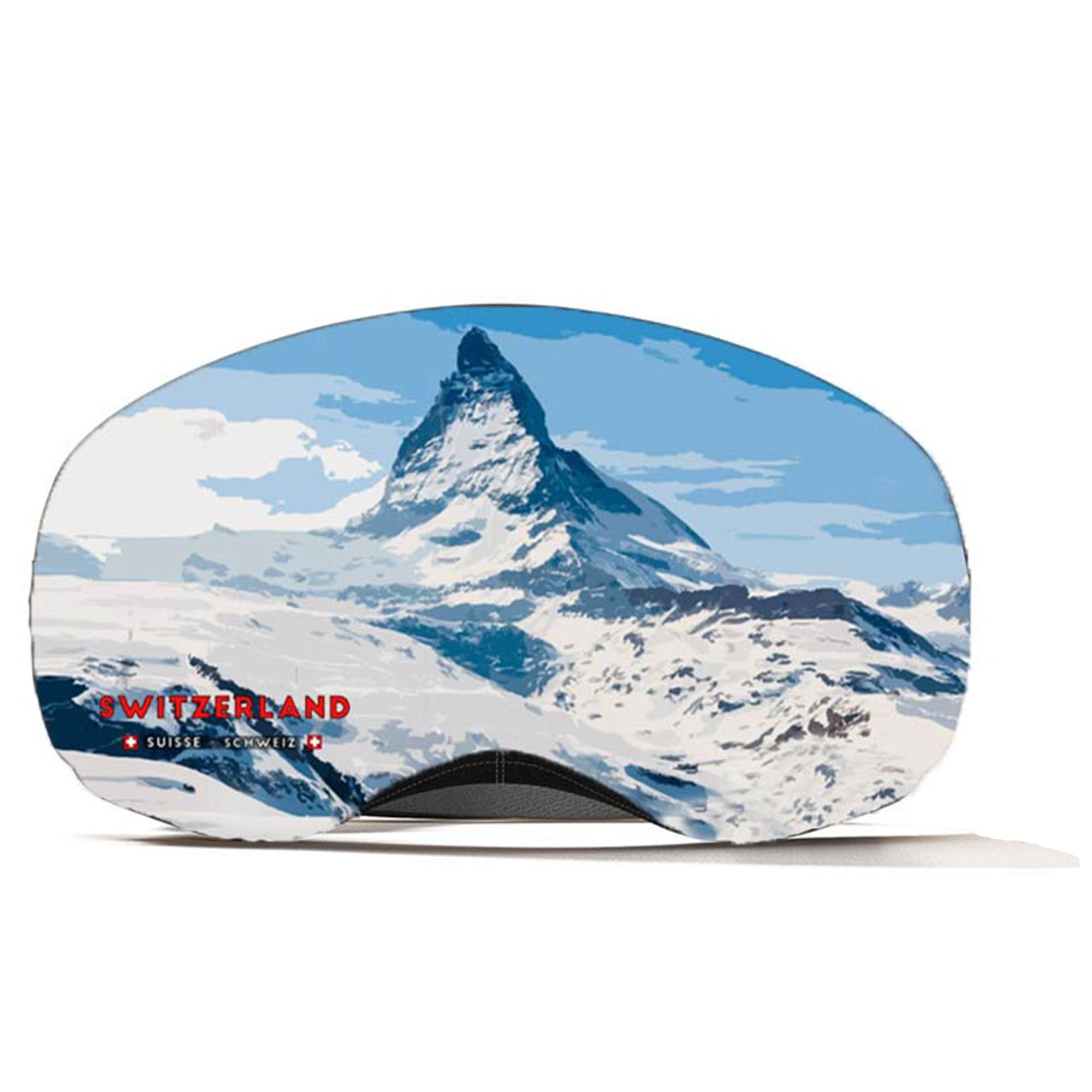 Skibrillen-Schutzhülle mit Matterhorn-Motiv. Schnee bedeckte Berge und blauer Himmel sind aufgedruckt. "Switzerland" Schriftzug.