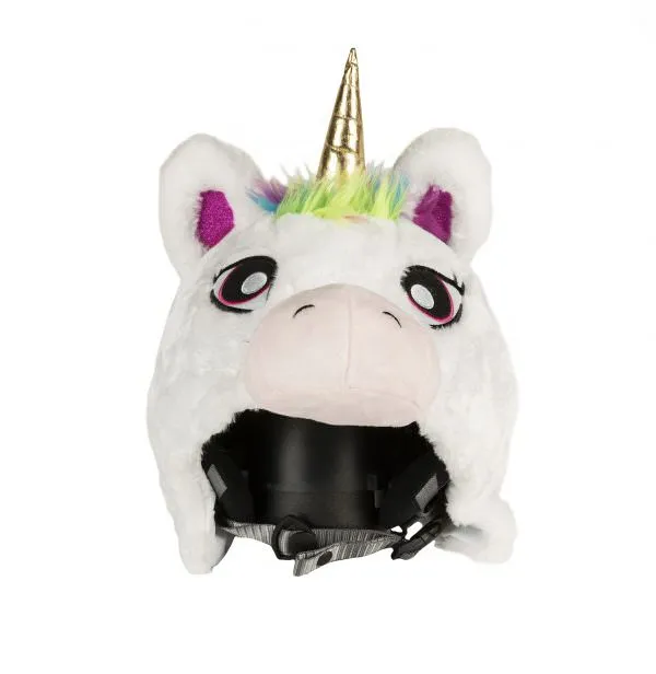 Skihelm-Überzug, Einhorn-Design. Weißes Fell, goldenes Horn, bunte Mähne, große Augen.