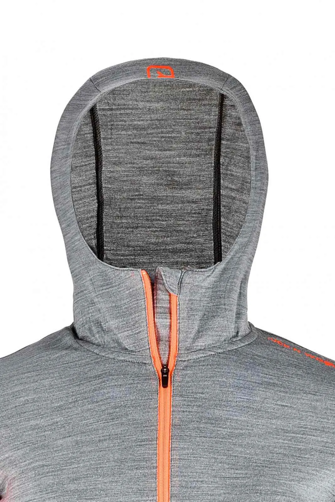 Grauer 185 R'N'W Overall, Detailansicht Kapuze und Reißverschluss. Orangefarbener Reißverschluss.