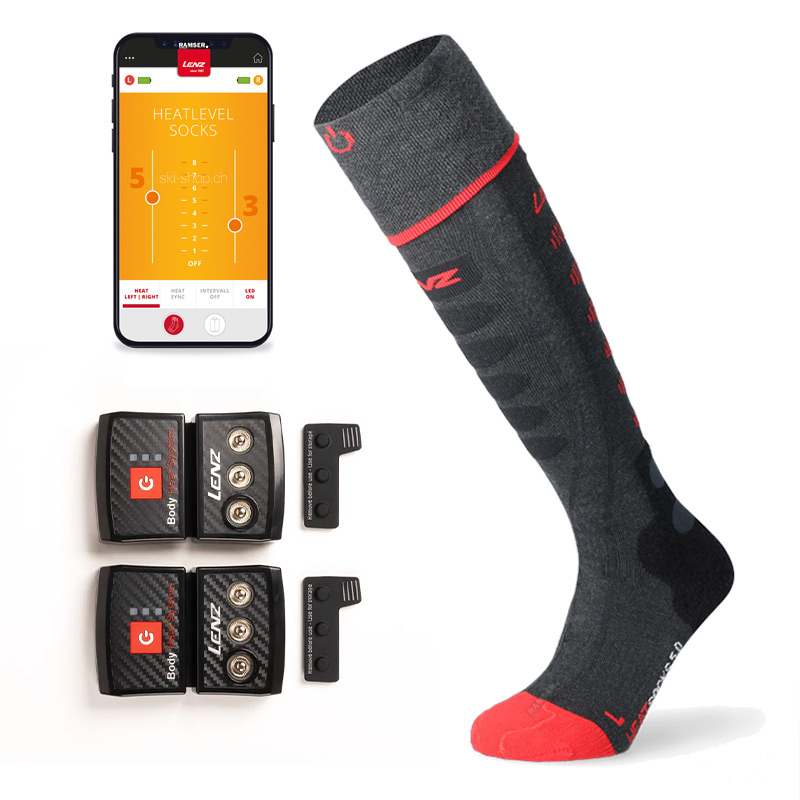 Graue Lenz Heizsocke mit Akkus, Bedienungsanleitung und App-Anzeige.