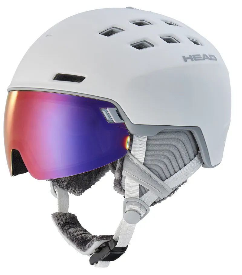 Weißer Skihelm Head Rachel 5K mit integriertem, farbigen Visier und Kinnriemen. Belüftungsöffnungen oben.